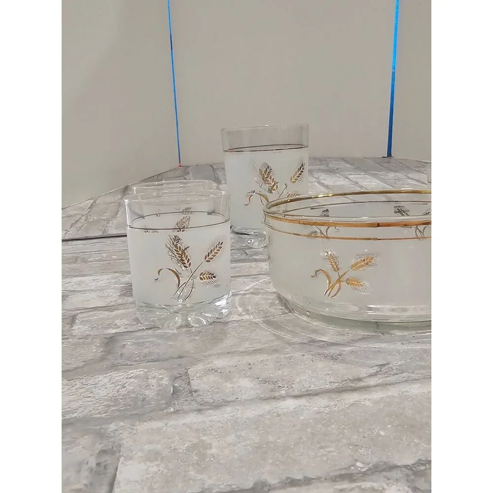 Vintage DeValbor Italian Covetro Frosted Gold Leaf Rock Glasses, Tumbler Ice Buc